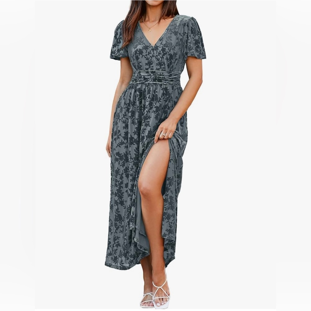 Floral velvet maxi wedding guest bridesmaid dress